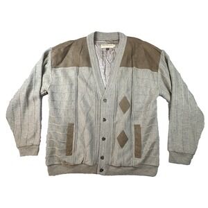 VTG 90s Norm Thompson Men's XL Tan Wool Blend Cardigan Sweater Suede Trim Canada